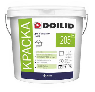 Doilid Дойлид 205 интерьерная акриловая,стойкая к дезинфекции краска, 5,3кг